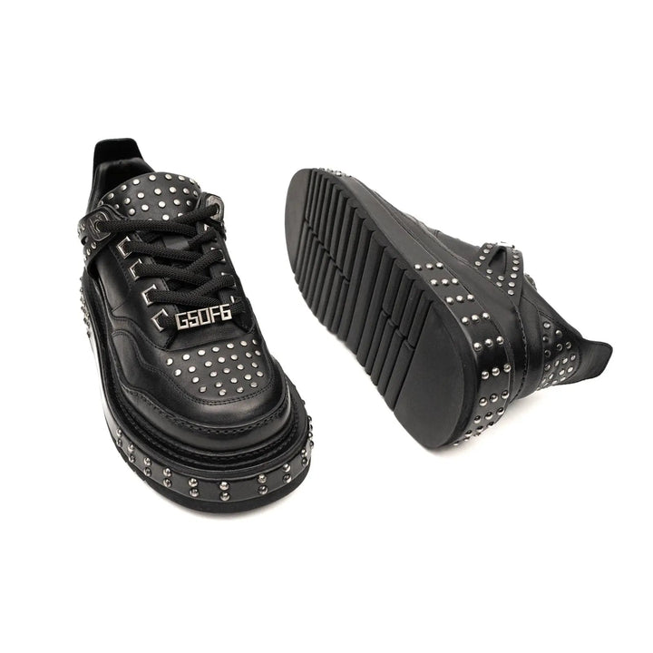 Black Studded Calf Leather Platform Sneakers