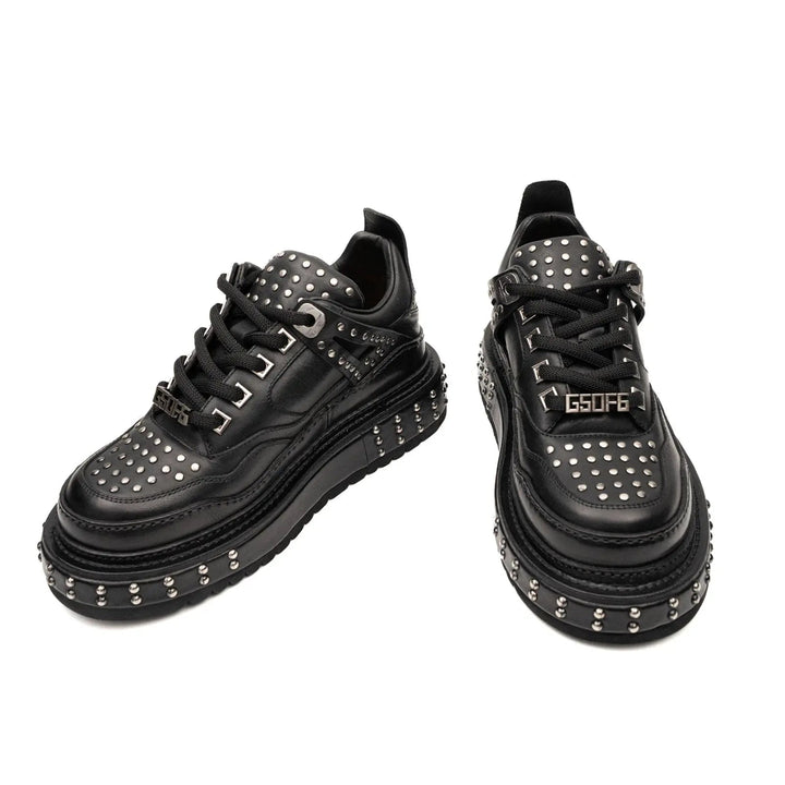 Black Studded Calf Leather Platform Sneakers