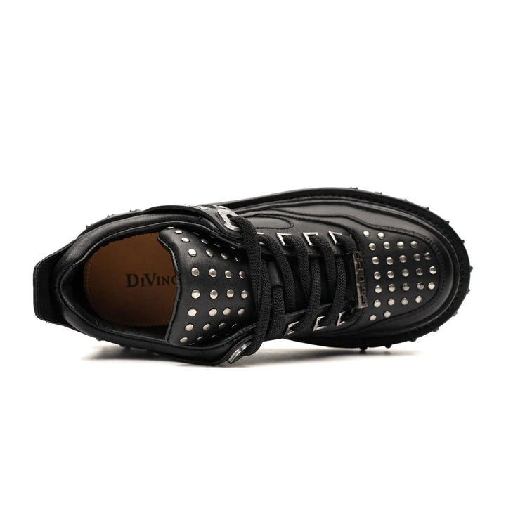 Black Studded Calf Leather Platform Sneakers