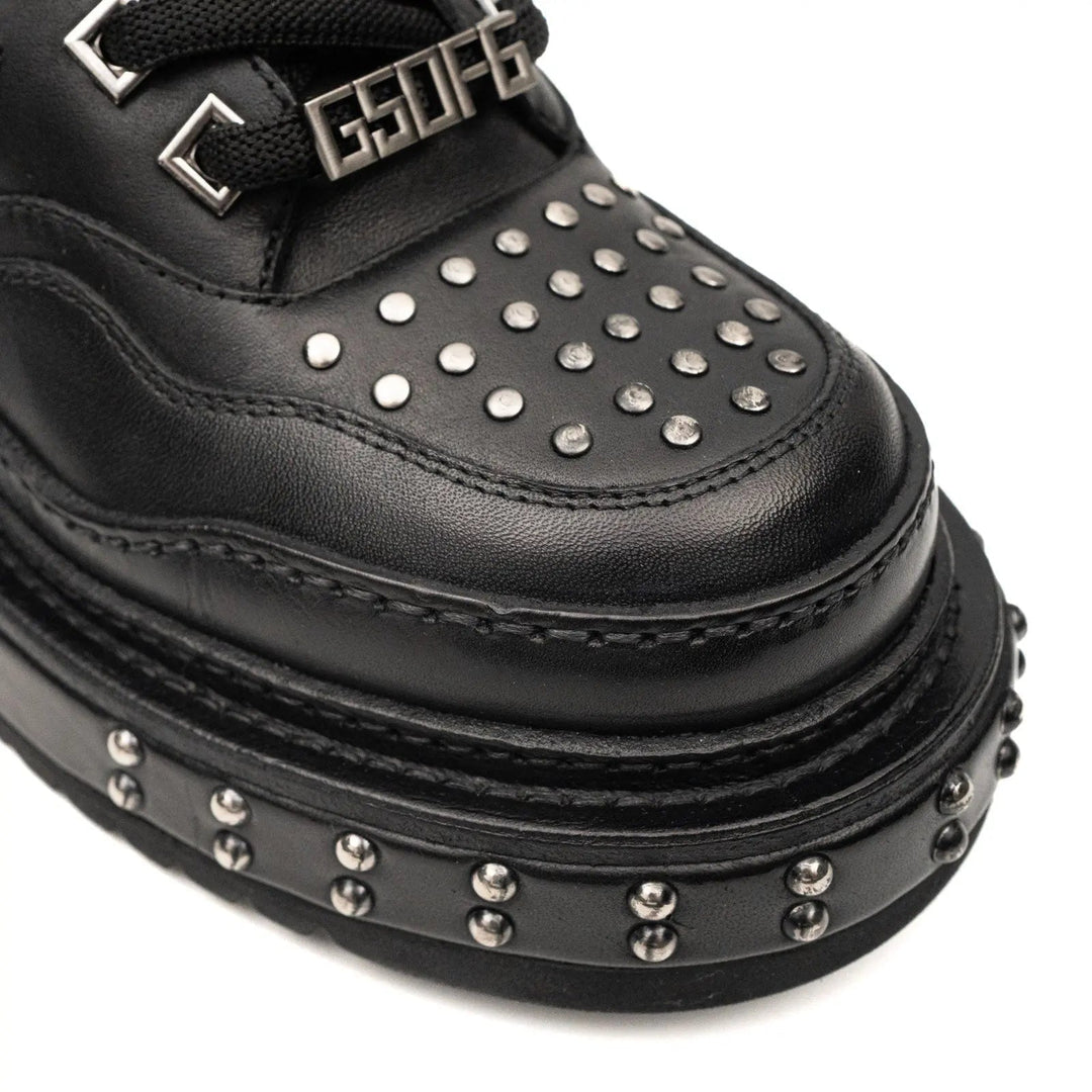Black Studded Calf Leather Platform Sneakers