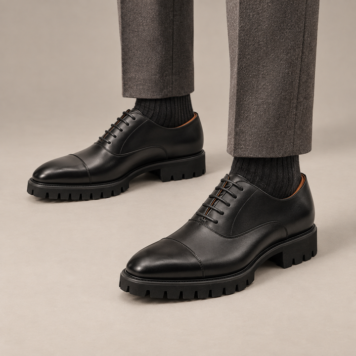Black Cap-Toe Calf Leather Oxford Shoes