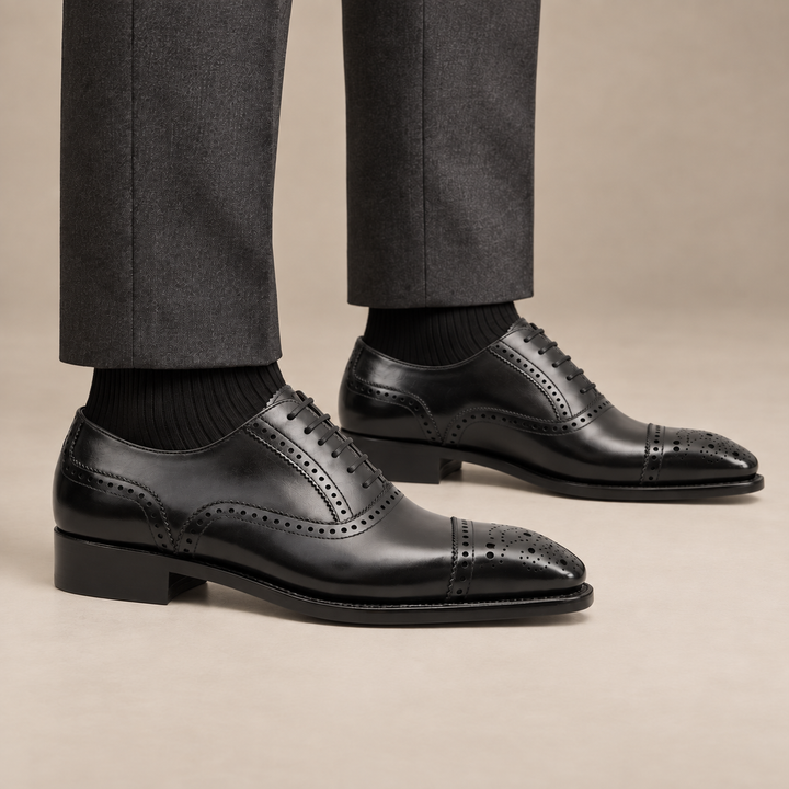 Black Cap-Toe Calf Leather Oxford Shoes