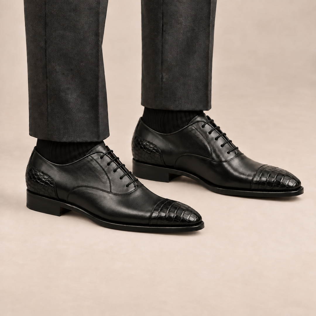 Black Cap-Toe Calf &amp; Crocodile Leather Oxford Shoes