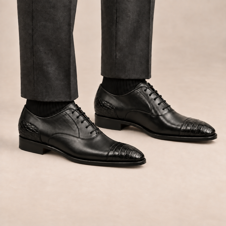 Black Cap-Toe Calf &amp; Crocodile Leather Oxford Shoes