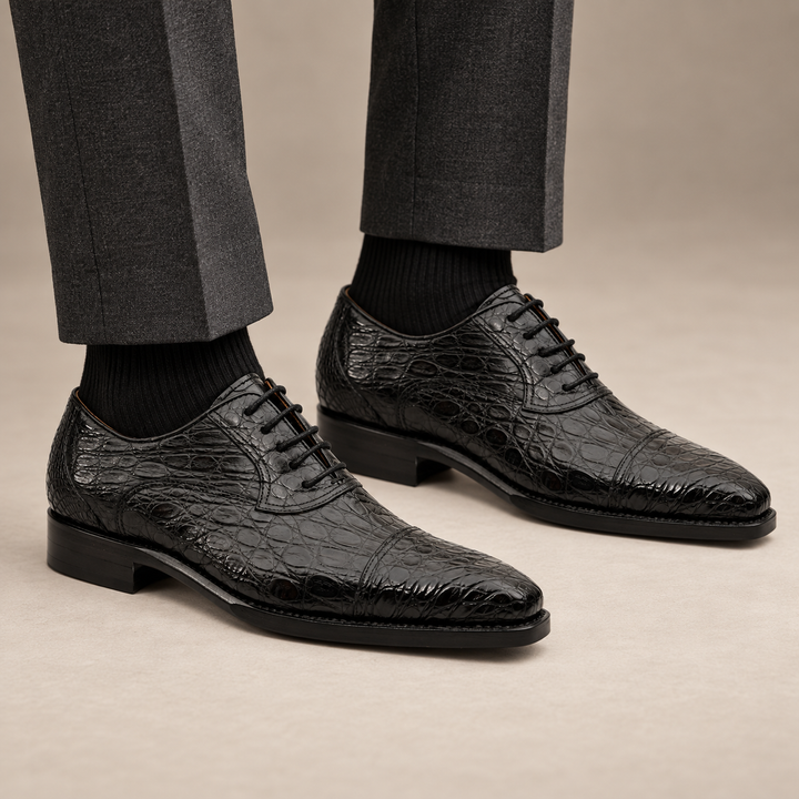 Black Cap-Toe Crocodile Leather Oxford Shoes