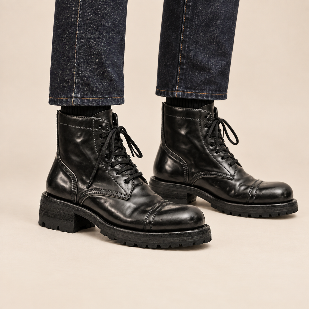 Black Cap-Toe Horse Butt Leather Ankle Boots