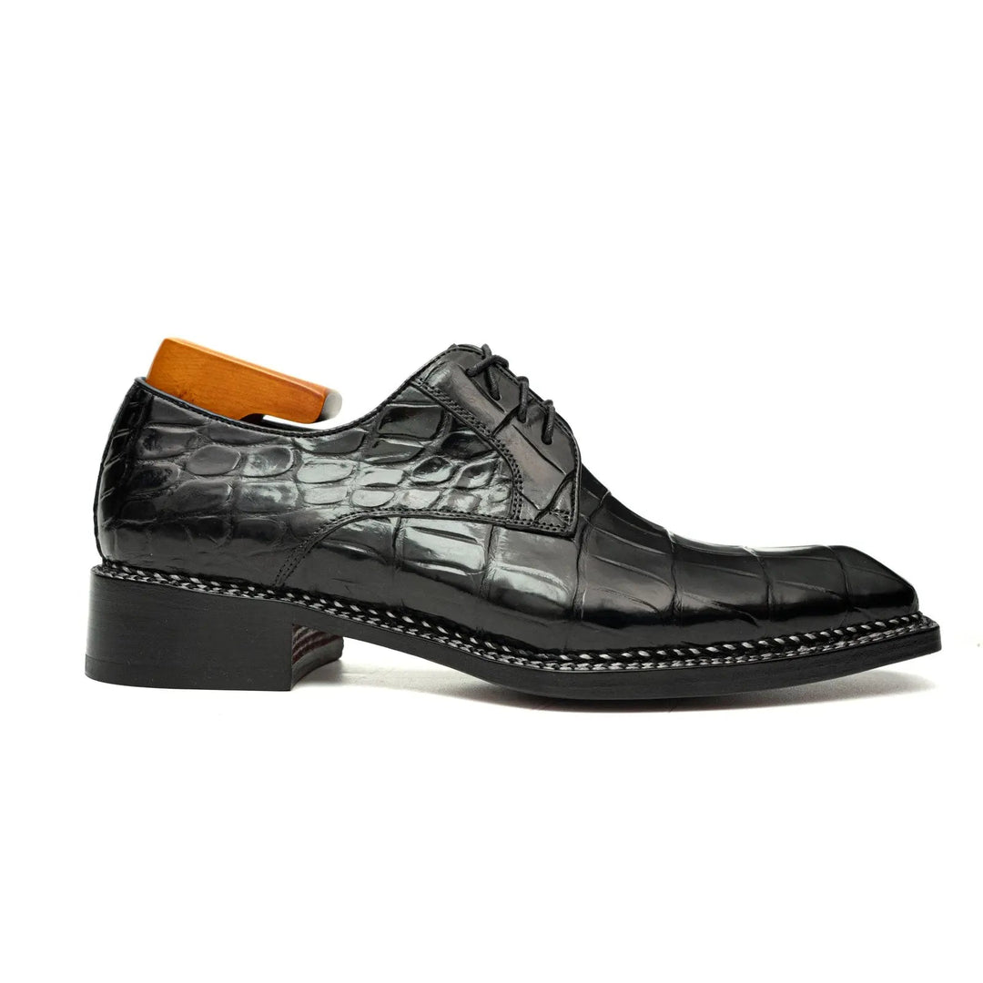 Black Square-Toe Crocodile Leather Derby Shoes
