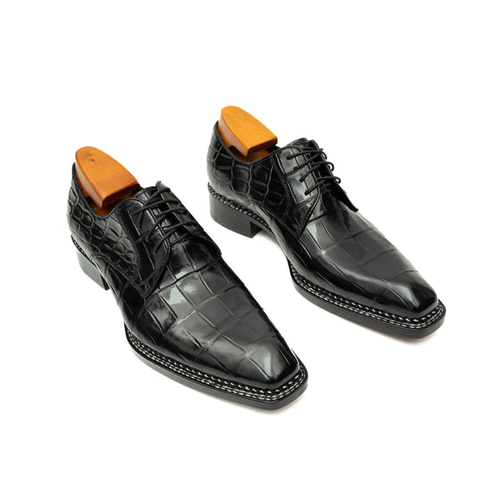 Black Square-Toe Crocodile Leather Derby Shoes