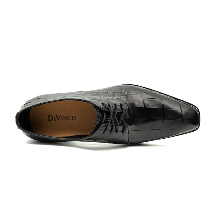Black Square-Toe Crocodile Leather Derby Shoes