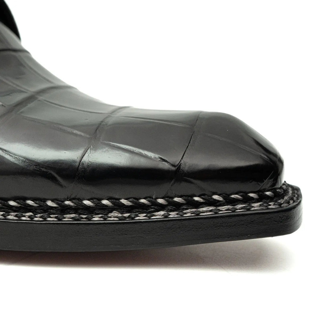 Black Square-Toe Crocodile Leather Derby Shoes
