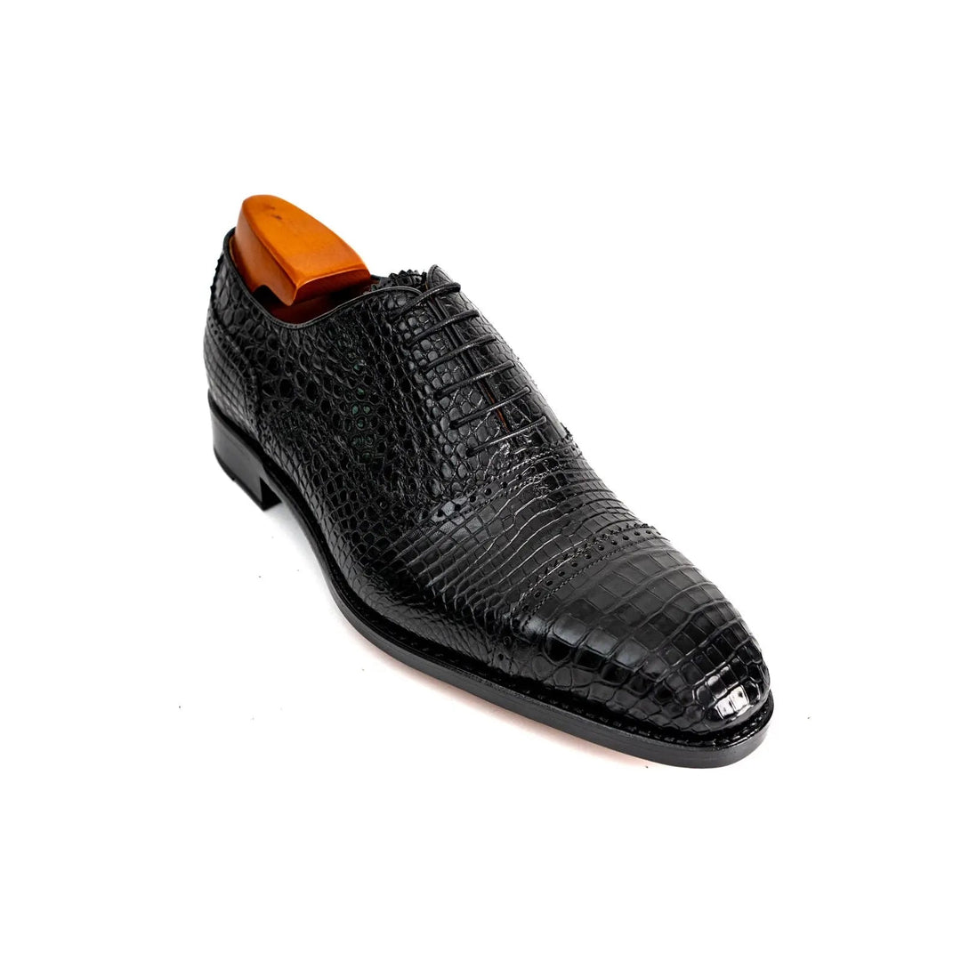 Black Crocodile Leather Textured Oxford Shoes