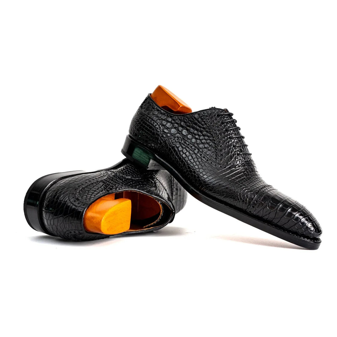 Black Crocodile Leather Textured Oxford Shoes