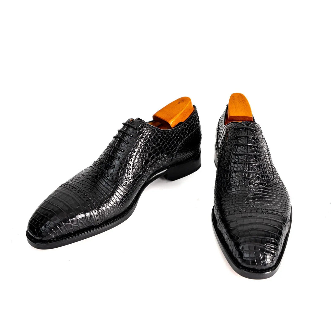 Black Crocodile Leather Textured Oxford Shoes