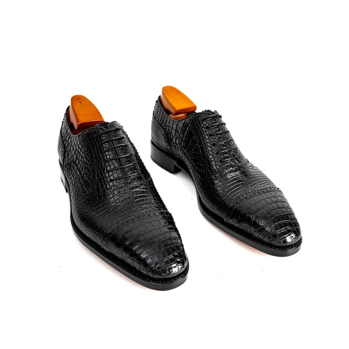 Black Crocodile Leather Textured Oxford Shoes