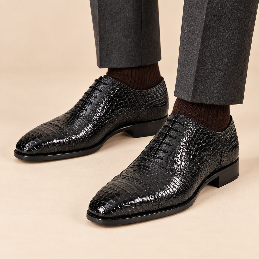 Black Crocodile Leather Textured Oxford Shoes