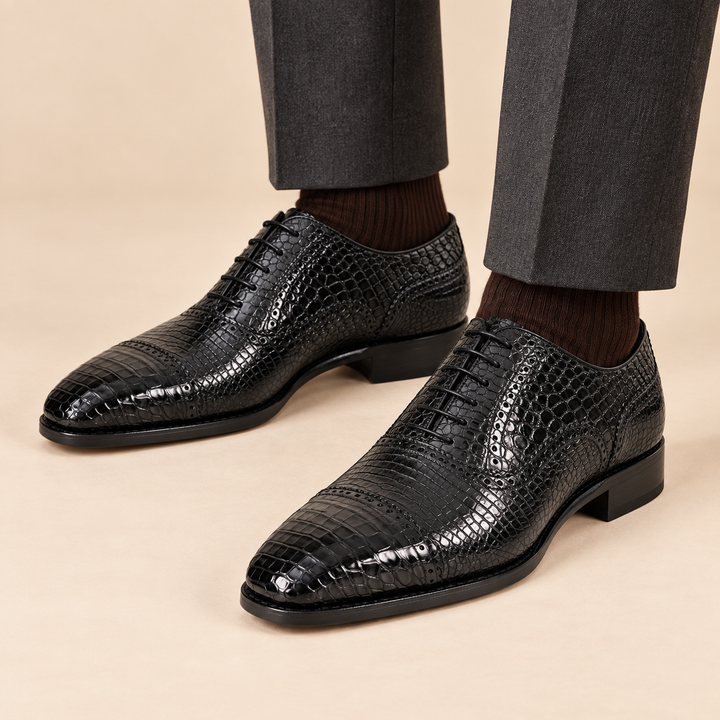 Black Crocodile Leather Textured Oxford Shoes