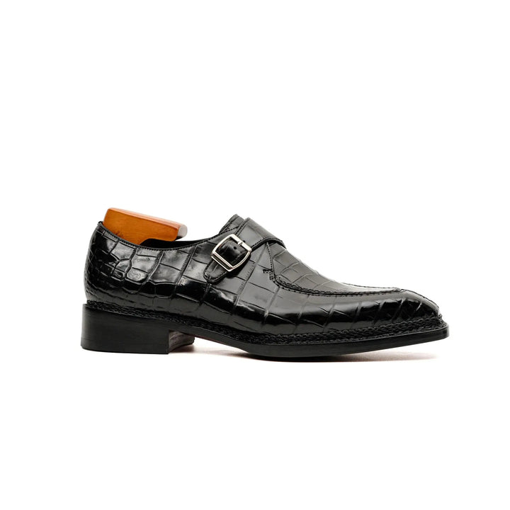 Black Apron-Toe Crocodile Leather Monk Shoes