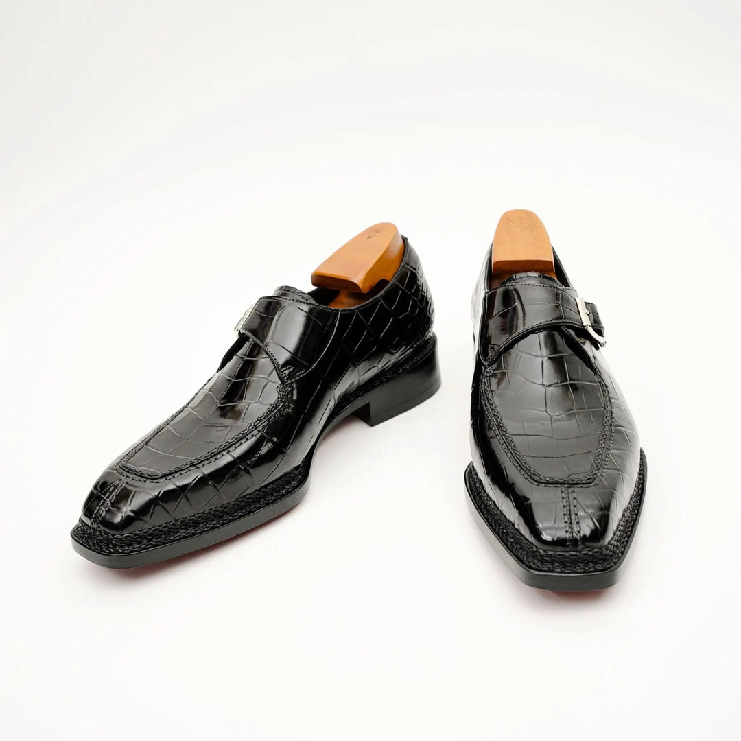 Black Apron-Toe Crocodile Leather Monk Shoes