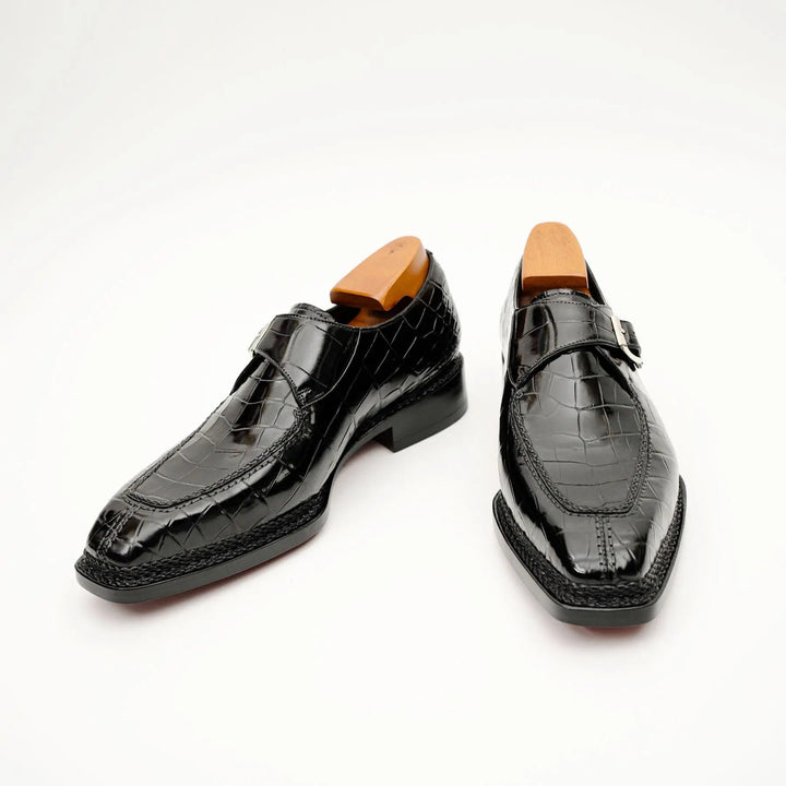 Black Apron-Toe Crocodile Leather Monk Shoes