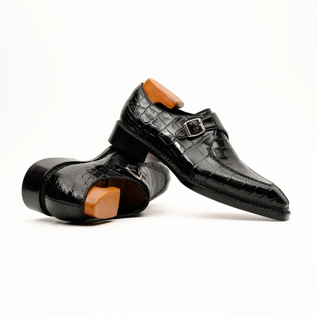 Black Apron-Toe Crocodile Leather Monk Shoes