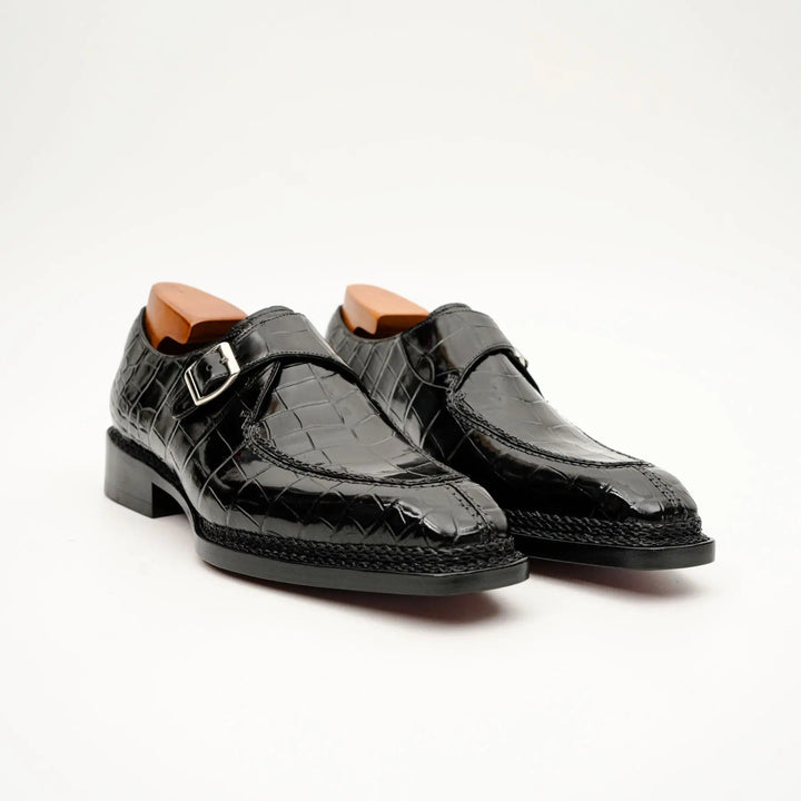 Black Apron-Toe Crocodile Leather Monk Shoes