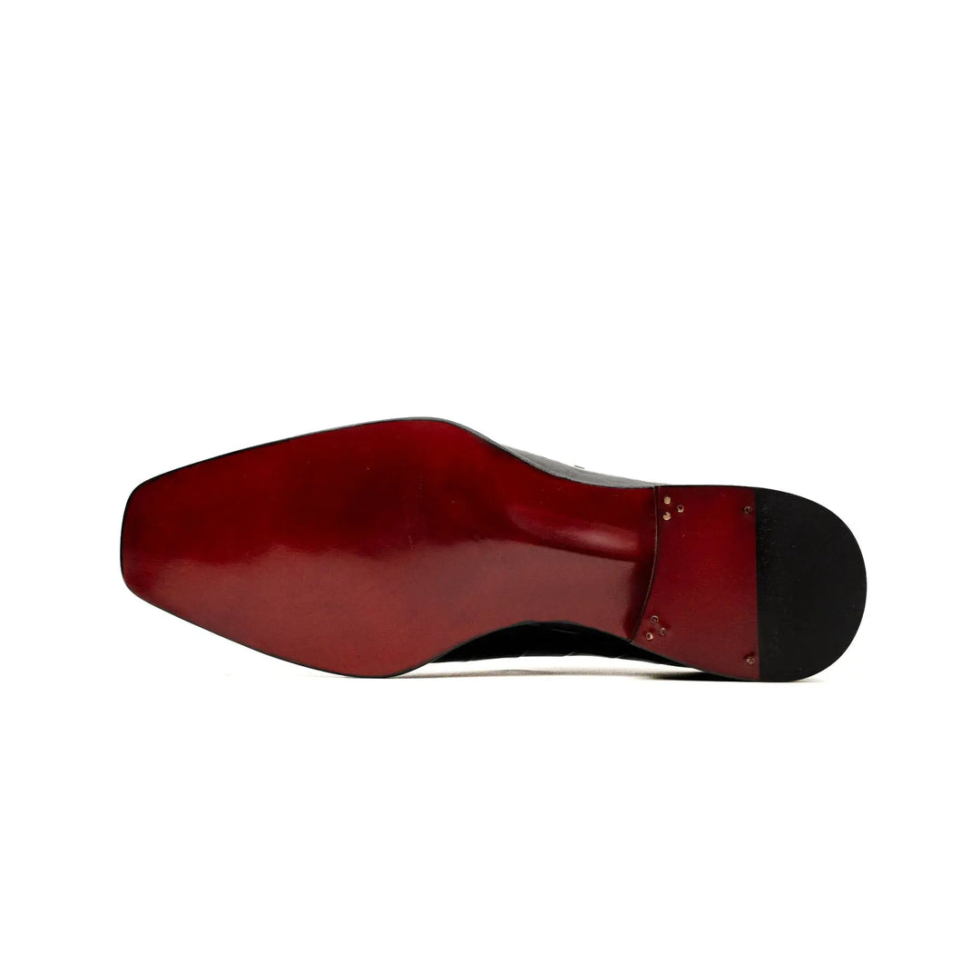 Black Apron-Toe Crocodile Leather Monk Shoes