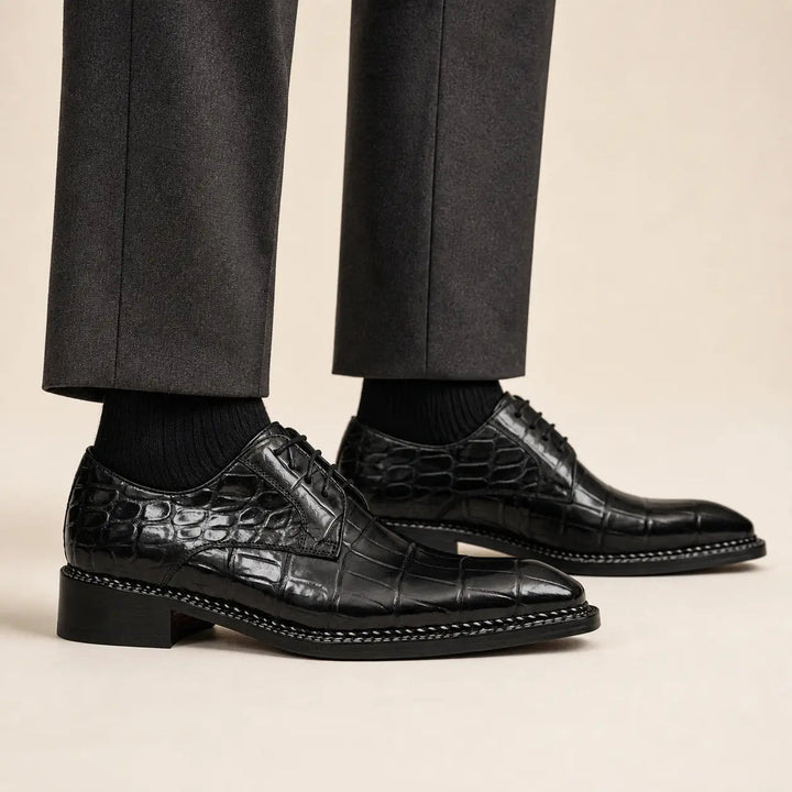 Black Square-Toe Crocodile Leather Derby Shoes
