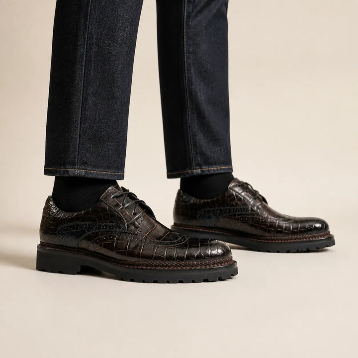 Dark Umber Crocodile Wingtip Derby Shoes