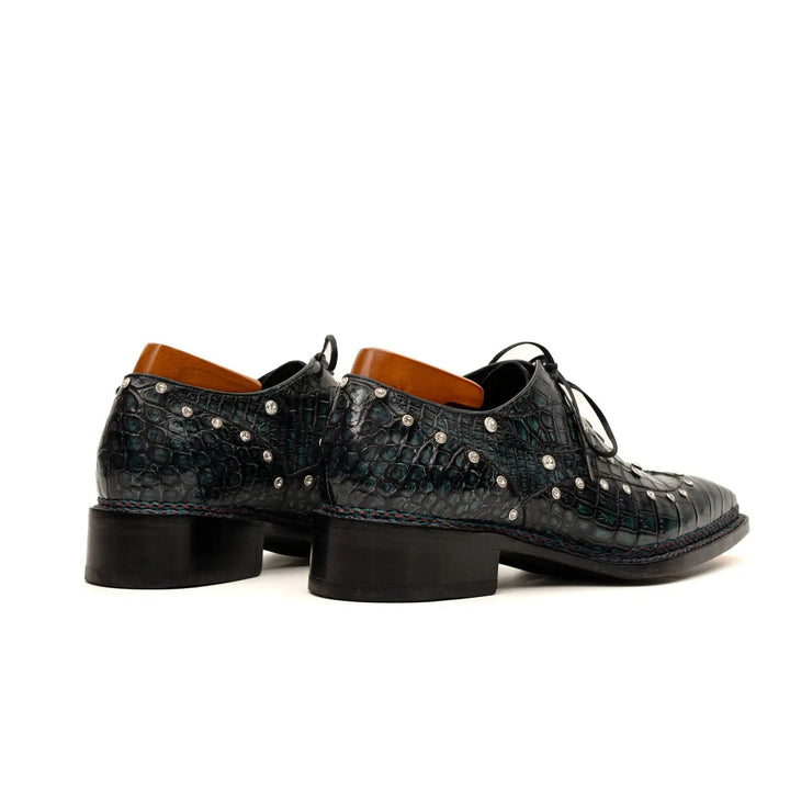 Black Studded Crocodile Leather Oxford Shoes