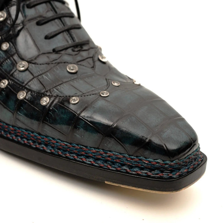 Black Studded Crocodile Leather Oxford Shoes