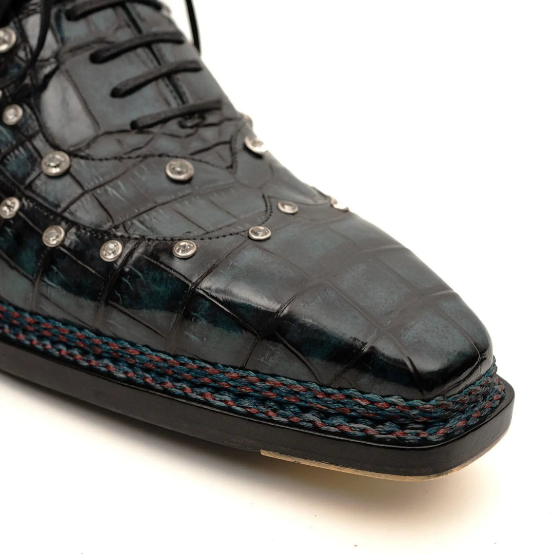 Black Studded Crocodile Leather Oxford Shoes