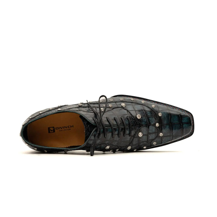 Black Studded Crocodile Leather Oxford Shoes