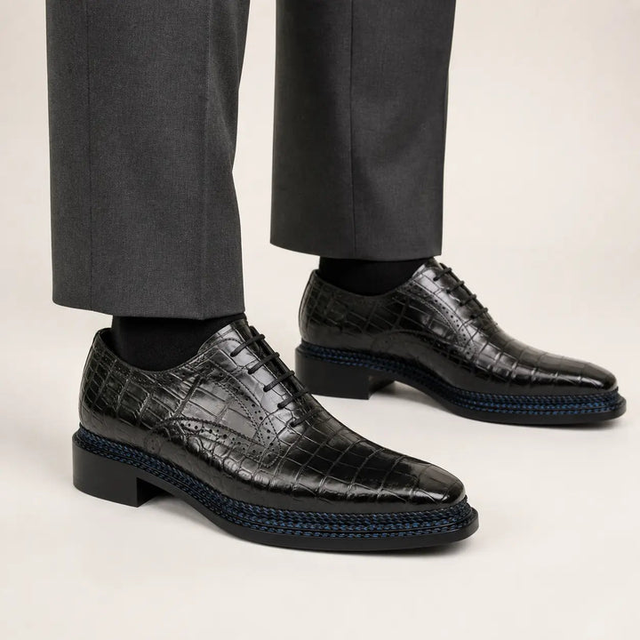 Black Grey Crocodile Oxford Shoes Goodyear Norwegian 8018