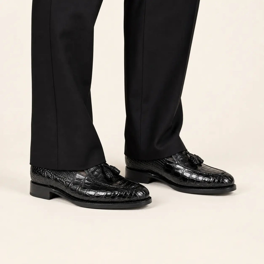 Black Crocodile Loafers with Tassels
