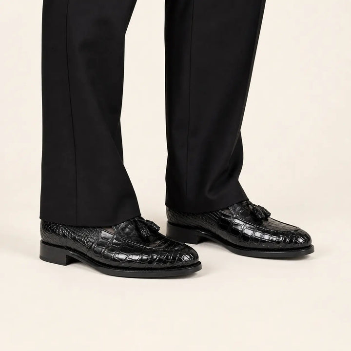 Black Crocodile Loafers with Tassels