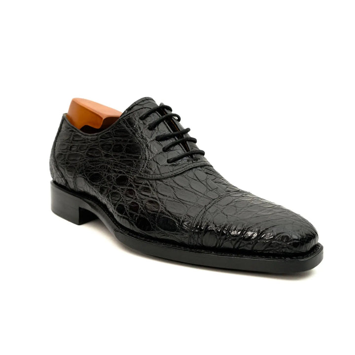 Black Cap-Toe Crocodile Leather Oxford Shoes