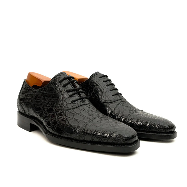 Black Cap-Toe Crocodile Leather Oxford Shoes