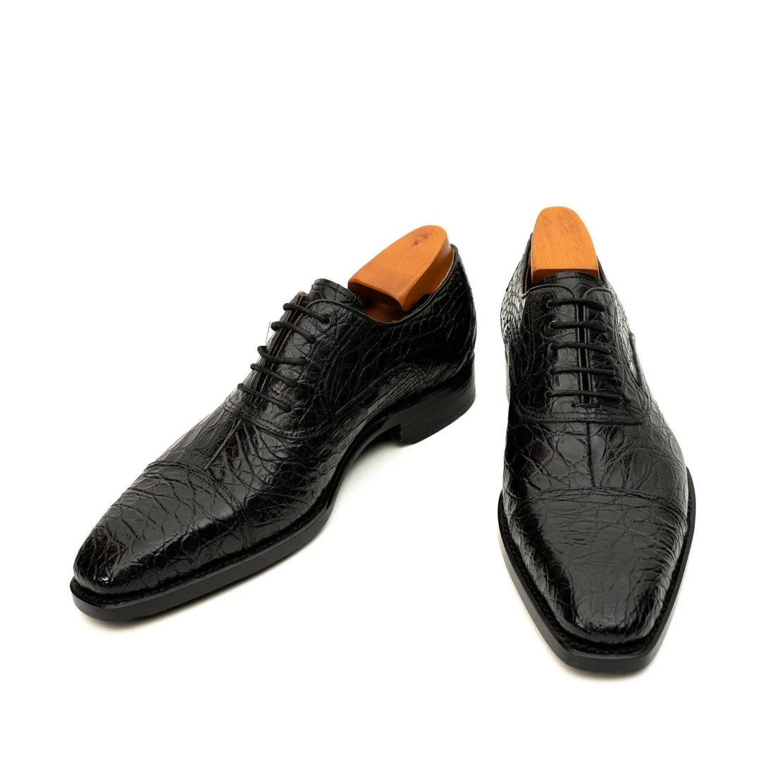 Black Cap-Toe Crocodile Leather Oxford Shoes