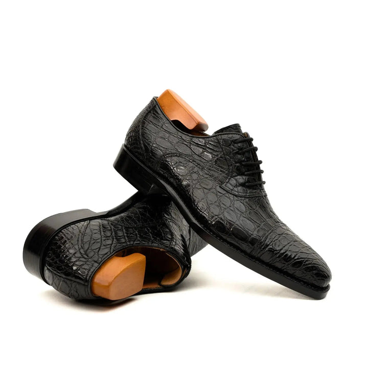 Black Cap-Toe Crocodile Leather Oxford Shoes