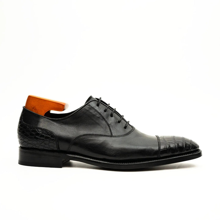 Black Cap-Toe Calf &amp; Crocodile Leather Oxford Shoes