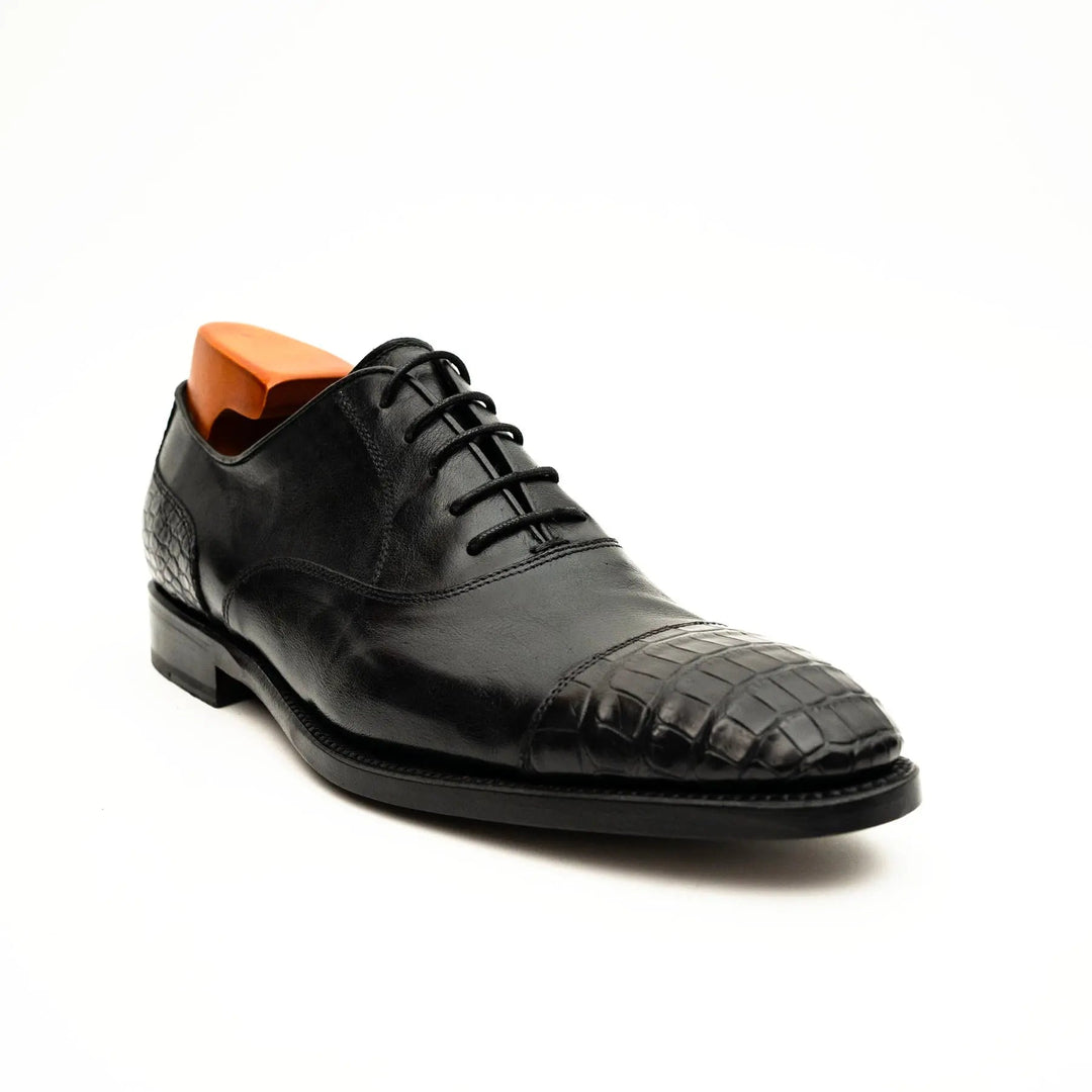 Black Cap-Toe Calf &amp; Crocodile Leather Oxford Shoes