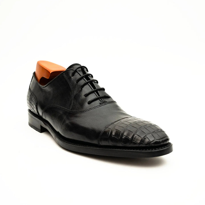 Black Cap-Toe Calf &amp; Crocodile Leather Oxford Shoes