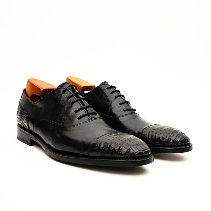 Black Cap-Toe Calf &amp; Crocodile Leather Oxford Shoes