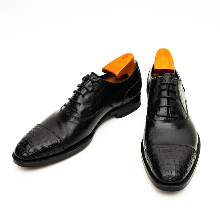 Black Cap-Toe Calf &amp; Crocodile Leather Oxford Shoes