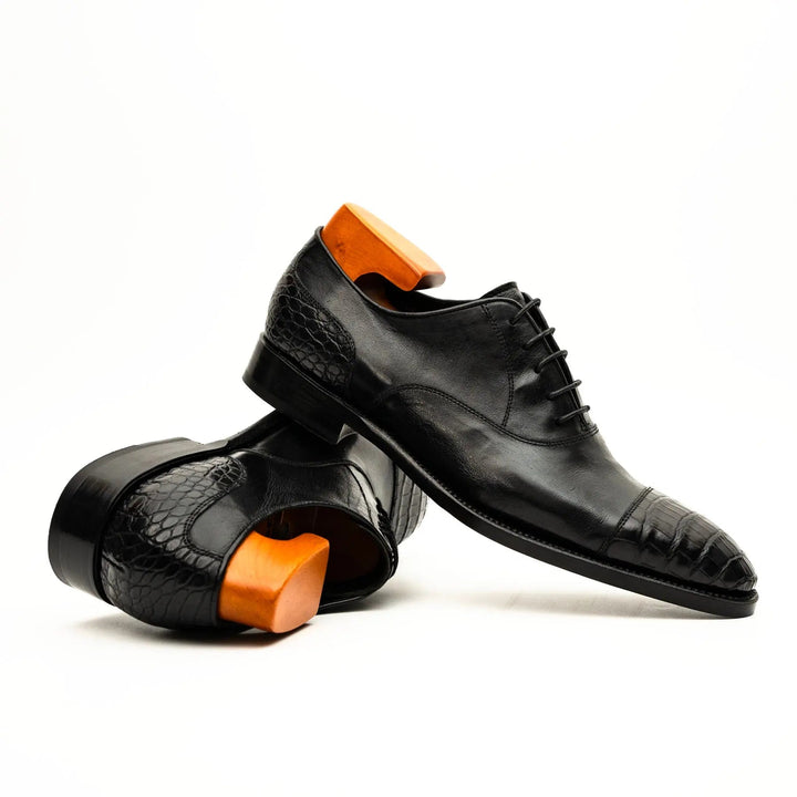Black Cap-Toe Calf &amp; Crocodile Leather Oxford Shoes
