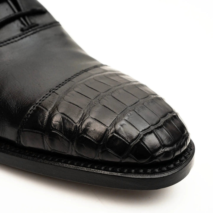 Black Cap-Toe Calf &amp; Crocodile Leather Oxford Shoes