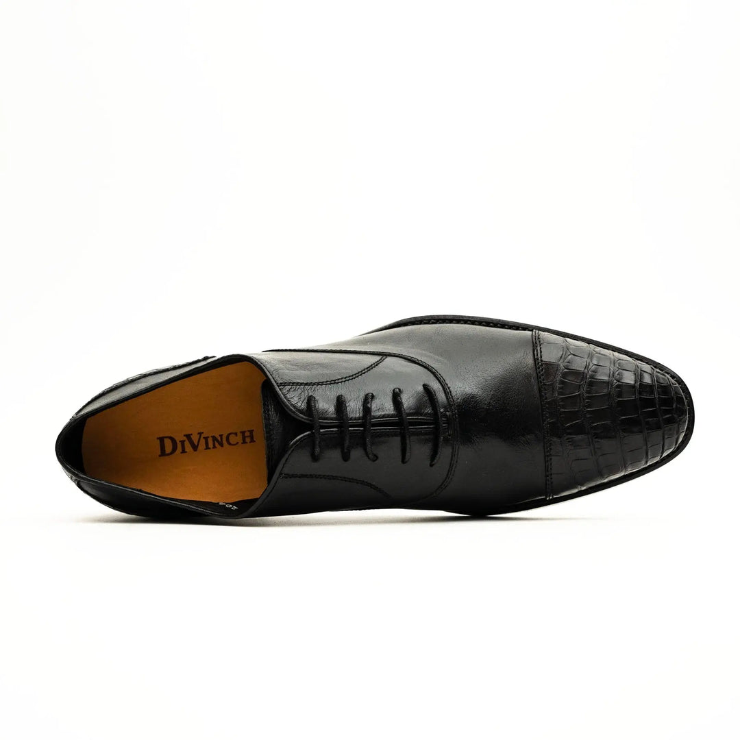 Black Cap-Toe Calf &amp; Crocodile Leather Oxford Shoes