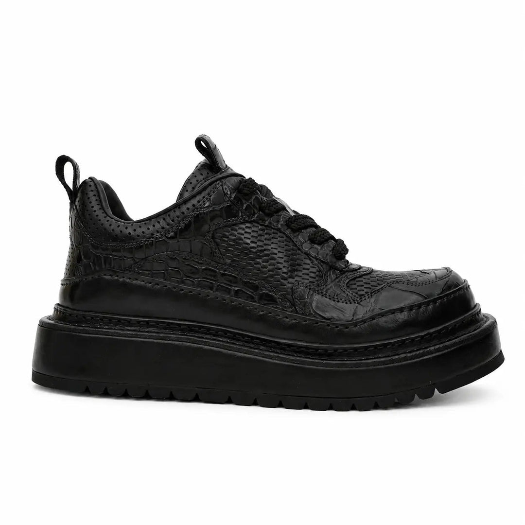 Black Platform Calf &amp; Crocodile Leather Derby Shoes
