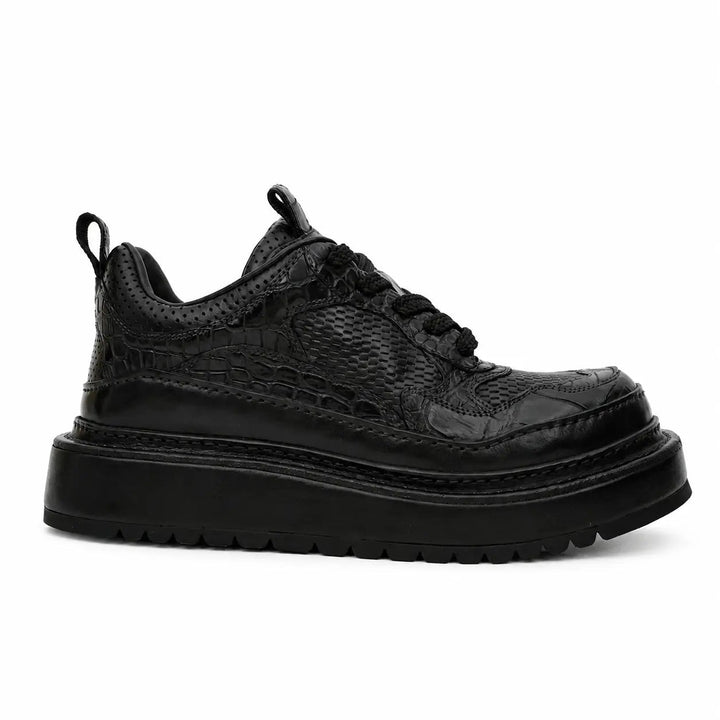 Black Platform Calf &amp; Crocodile Leather Derby Shoes