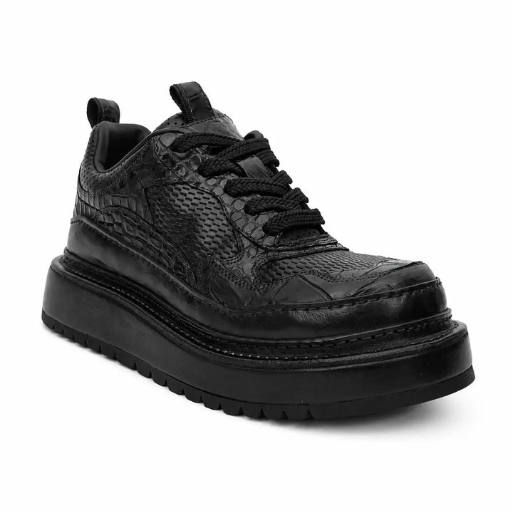 Black Platform Calf &amp; Crocodile Leather Derby Shoes